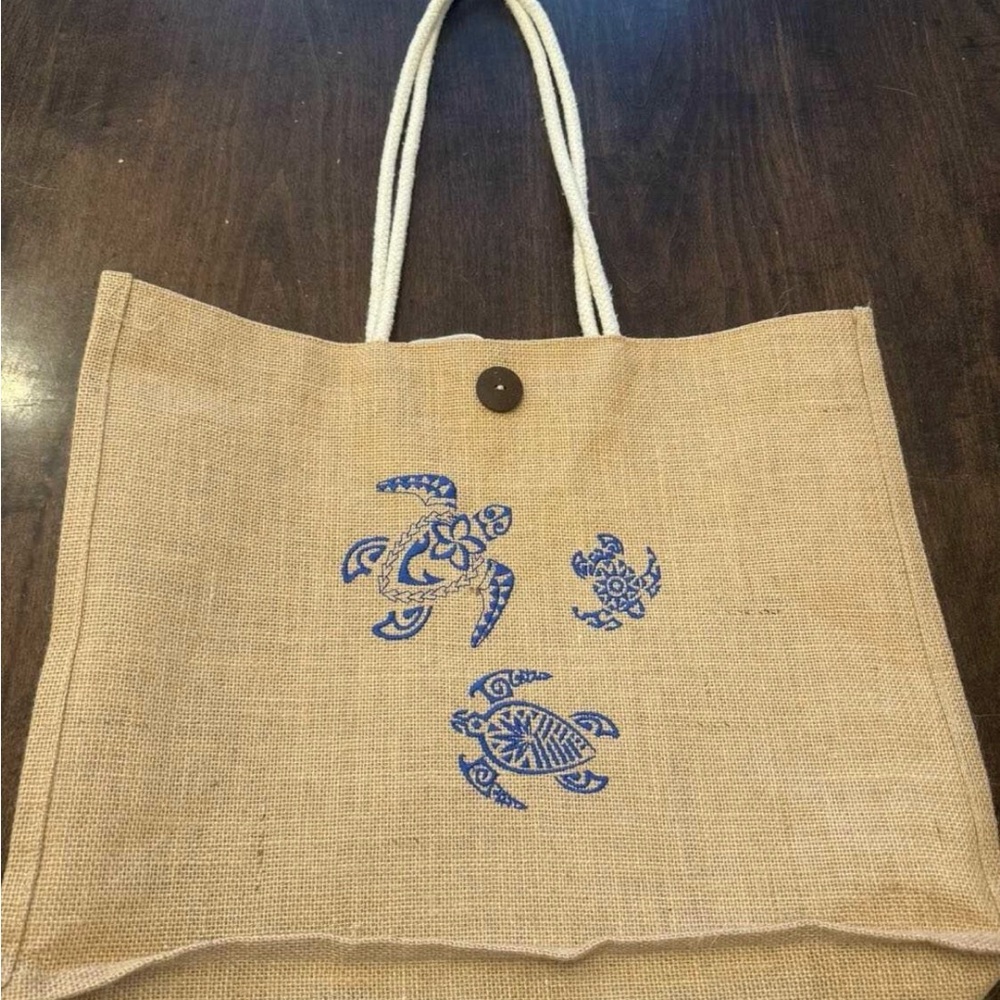 Blue Turtle Print Jute Tote Bag
